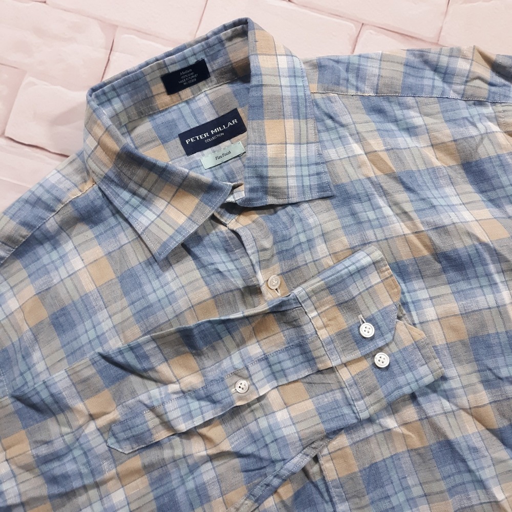 Peter Millar Flex Finish Linen Shirt Mens Medium Lightweight Breathable Blue